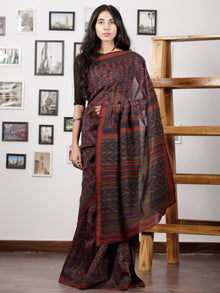 Indigo Purple Black Maheshwari Silk Hand Block Printed Saree With Zari Border - S031702994