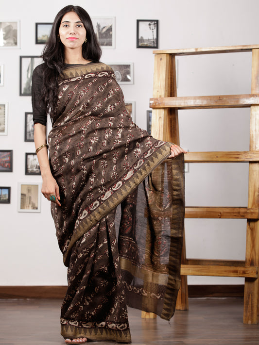 Brown Maroon Ivory Chanderi Silk Hand Block Printed Saree With Geecha Border - S031702982