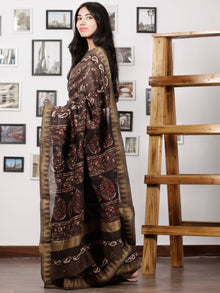 Brown Maroon Ivory Chanderi Silk Hand Block Printed Saree With Geecha Border - S031702982