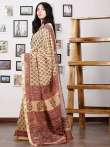 Ivory Onion Pink Rust Maheshwari Silk Hand Block Printed Saree With Zari Border - S031702983