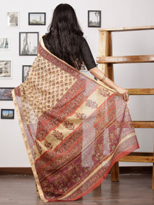 Ivory Onion Pink Rust Maheshwari Silk Hand Block Printed Saree With Zari Border - S031702983