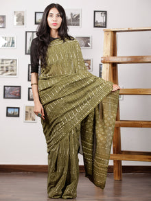 Olive Green Ivory Hand Block Printed Cotton Mul Saree - S031702985