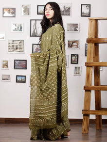 Olive Green Ivory Hand Block Printed Cotton Mul Saree - S031702985