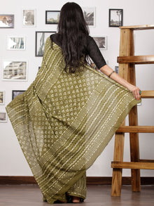 Olive Green Ivory Hand Block Printed Cotton Mul Saree - S031702985