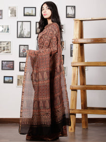 Brown Maroon Balck Maheshwari Silk Hand Block Printed Saree With Zari Border - S031702986