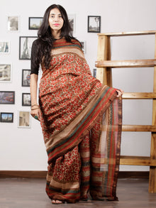 Rust Brown Ivory Fern Green Maheshwari Silk Hand Block Printed Saree With Zari Border - S031702988