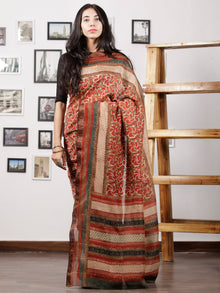 Rust Brown Ivory Fern Green Maheshwari Silk Hand Block Printed Saree With Zari Border - S031702988