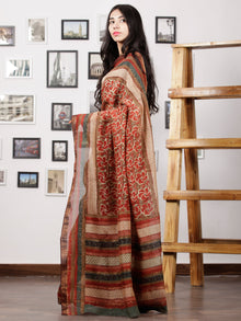 Rust Brown Ivory Fern Green Maheshwari Silk Hand Block Printed Saree With Zari Border - S031702988