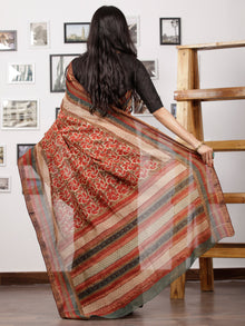 Rust Brown Ivory Fern Green Maheshwari Silk Hand Block Printed Saree With Zari Border - S031702988