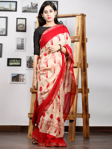 Red Ivory Maheshwari Silk Hand Block Printed Saree With Zari Border - S031702992