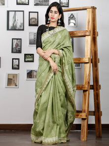 Pistacho Green Ivory Chanderi Silk Hand Block Printed Saree With Geecha Border - S031702993