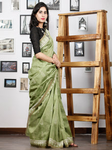 Pistacho Green Ivory Chanderi Silk Hand Block Printed Saree With Geecha Border - S031702993