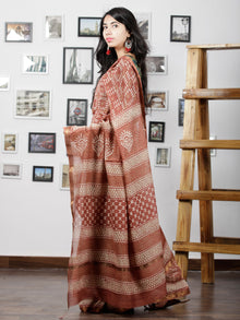 Rosewood Ivory Maheshwari Silk Hand Block Printed Saree With Zari Border - S031702944