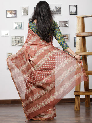 Rosewood Ivory Maheshwari Silk Hand Block Printed Saree With Zari Border - S031702944
