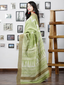 Pistachio Green White Chanderi Silk Hand Block Printed Saree With Geecha Border - S031702938