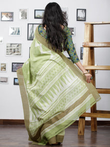 Pistachio Green White Chanderi Silk Hand Block Printed Saree With Geecha Border - S031702938