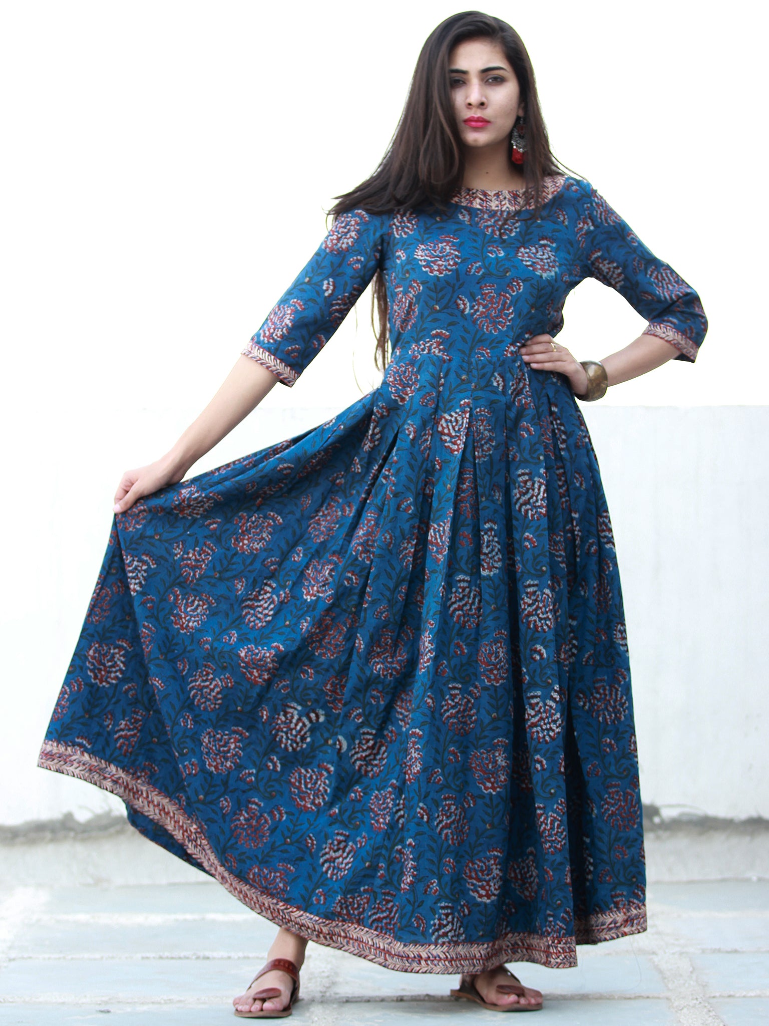 Indigo Classic - Hand Block Printed Long Cotton Dress - D372F1341 ...