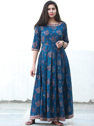 Indigo Classic - Hand Block Printed Long Cotton Dress - D372F1341