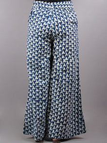 Indigo Hand Block Printed Elasticated Waist Pleated Cotton Palazzo - P1117058