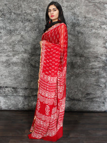 Red White Hand Block Printed Chiffon Saree with Zari Border - S031703115