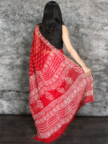 Red White Hand Block Printed Chiffon Saree with Zari Border - S031703115
