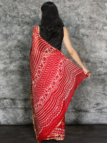Red White Hand Block Printed Chiffon Saree with Zari Border - S031703116