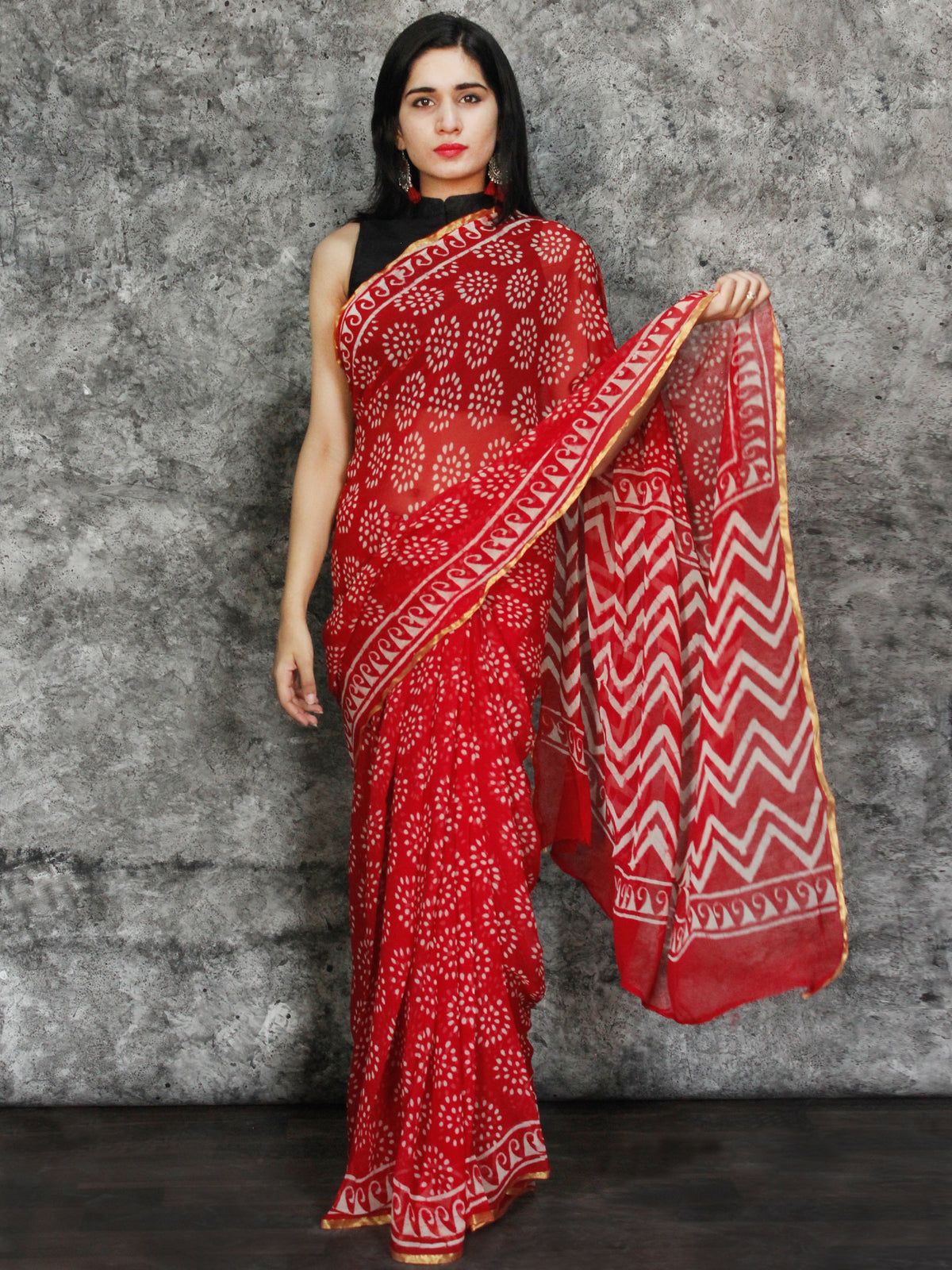 Red White Hand Block Printed Chiffon Saree with Zari Border - S031703117