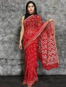 Red White Hand Block Printed Chiffon Saree with Zari Border - S031703117