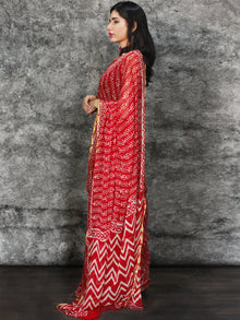 Red White Hand Block Printed Chiffon Saree with Zari Border - S031703118
