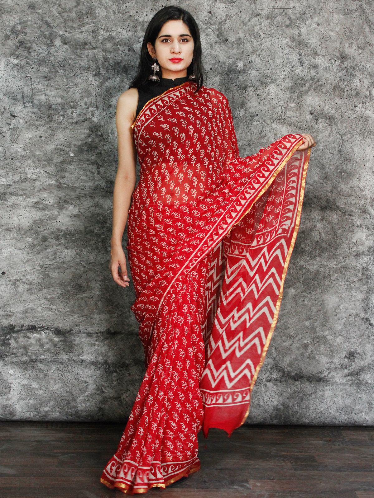Red White Hand Block Printed Chiffon Saree with Zari Border - S031703119