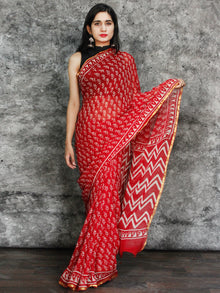 Red White Hand Block Printed Chiffon Saree with Zari Border - S031703119