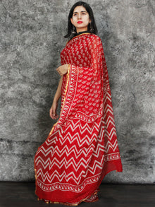 Red White Hand Block Printed Chiffon Saree with Zari Border - S031703119