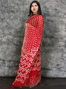 Red White Hand Block Printed Chiffon Saree with Zari Border - S031703119