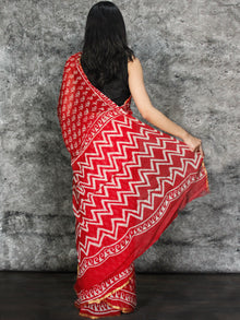 Red White Hand Block Printed Chiffon Saree with Zari Border - S031703119