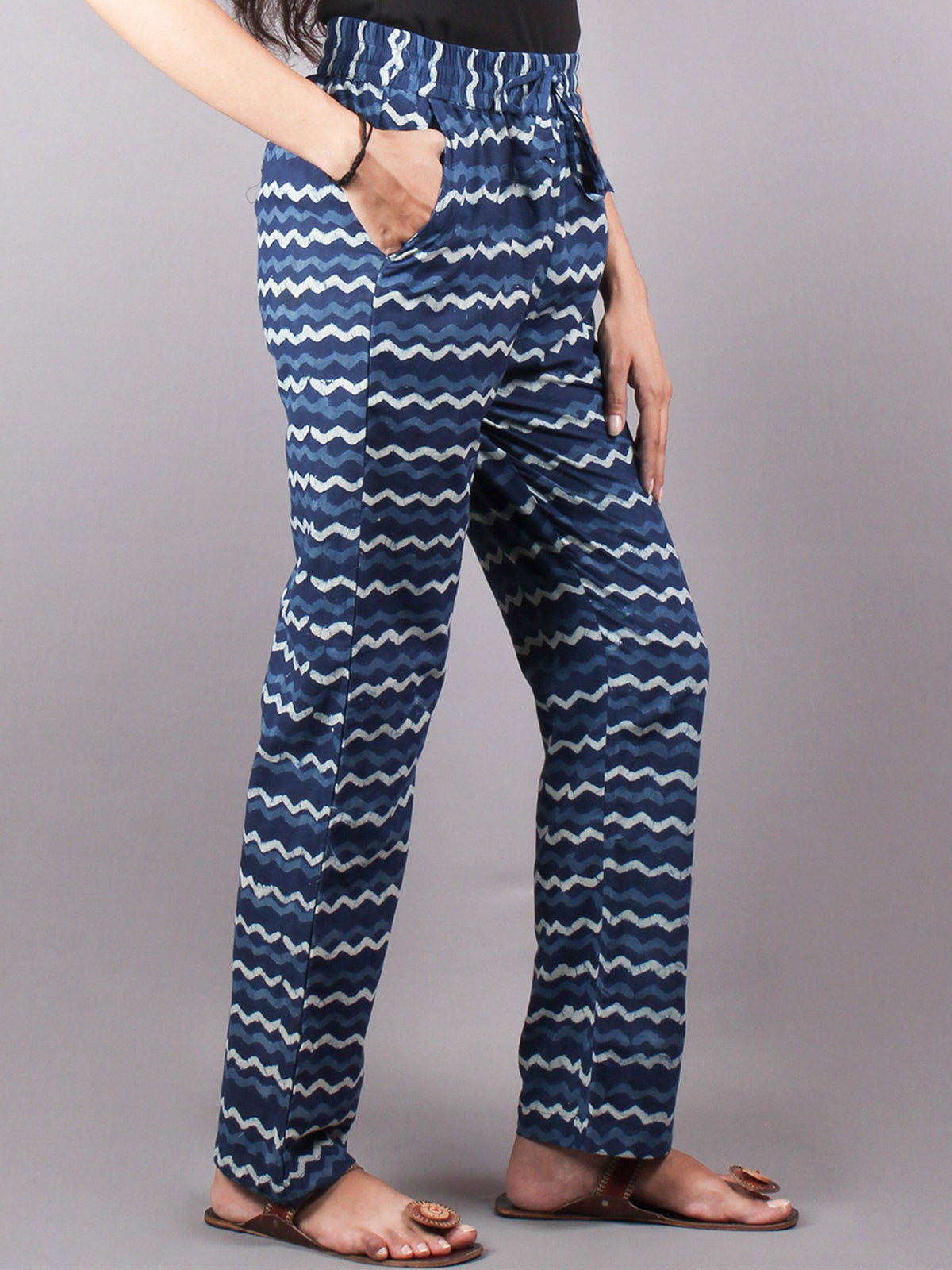 Indigo Hand Block Printed Elasticated Waist Trousers- T0317030