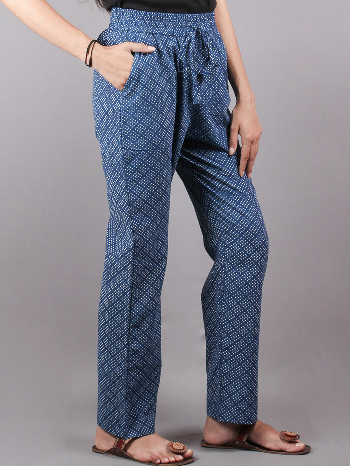 Indigo Hand Block Printed Elasticated Waist Trousers- T0317028