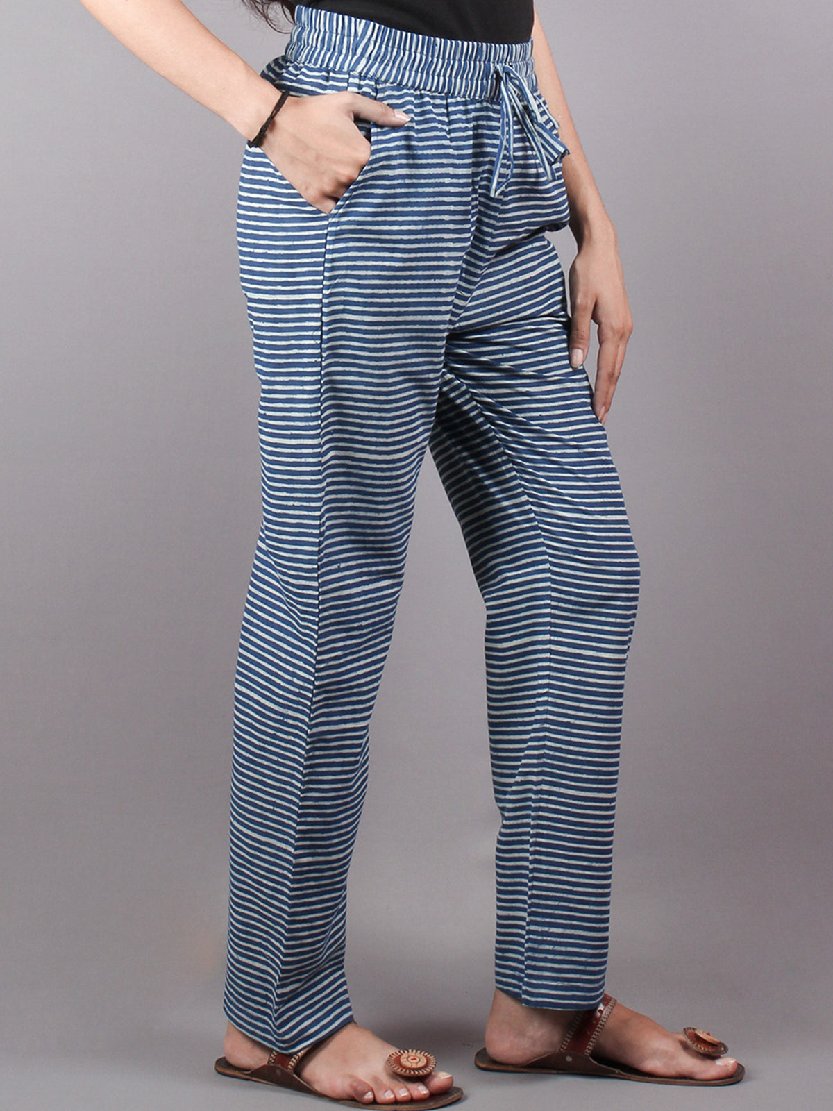 Indigo Hand Block Printed Elasticated Waist Trousers- T0317029