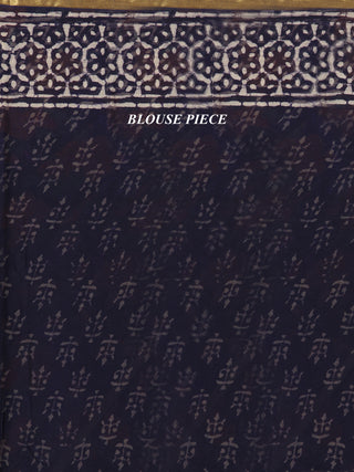 Navy Blue Offwhite Hand Block Printed Chiffon Saree With Zari Border - S031704681