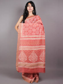 Pastel Peach Beige White Hand Block Printed in Natural Vegetable Colors Chanderi Saree With Geecha Border - S03170385