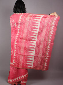 Pastel Pink Beige White Hand Block Printed in Natural Vegetable Colors Chanderi Saree With Geecha Border - S03170386