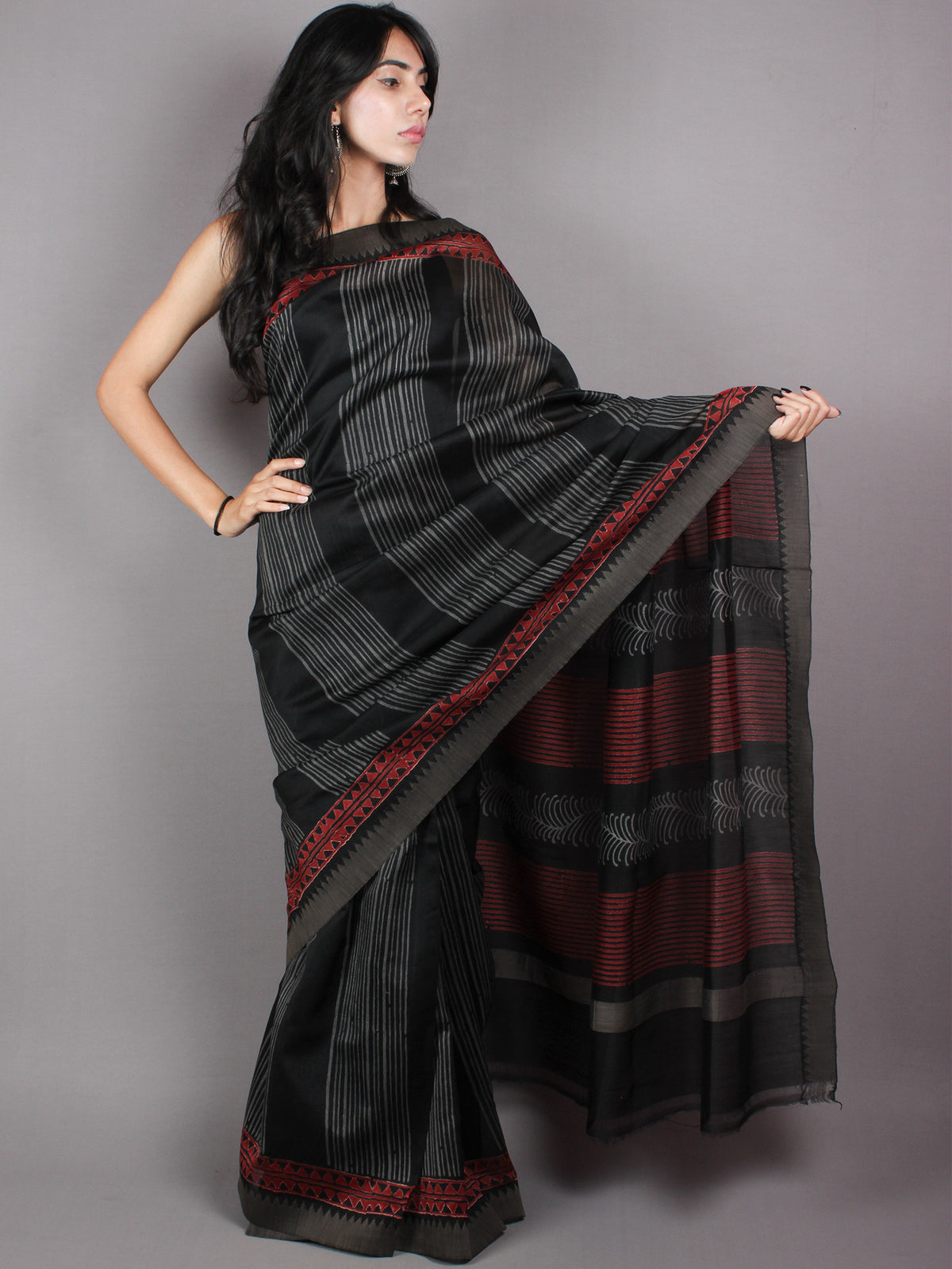 Black Grey Red Hand Block Printed in Natural Vegetable Colors Chanderi Saree With Geecha Border - S03170388