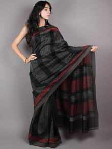 Black Grey Red Hand Block Printed in Natural Vegetable Colors Chanderi Saree With Geecha Border - S03170388