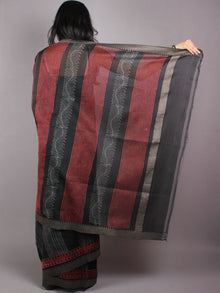 Black Grey Red Hand Block Printed in Natural Vegetable Colors Chanderi Saree With Geecha Border - S03170388