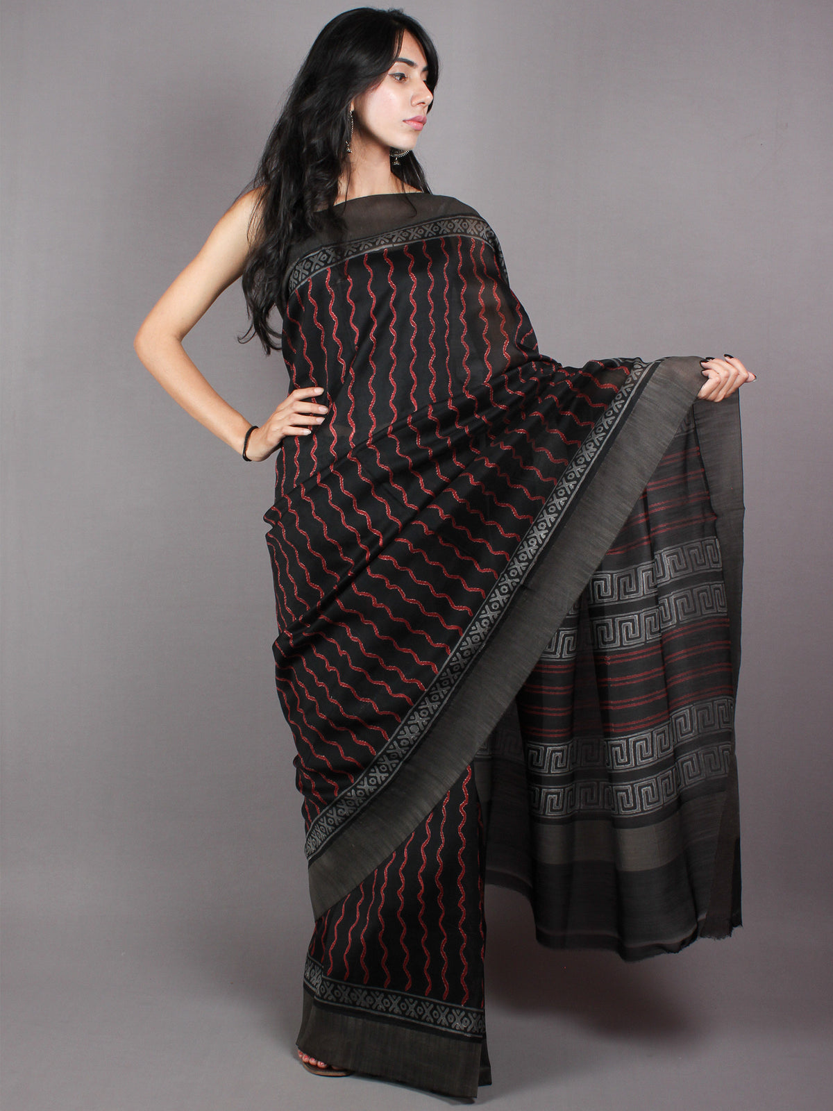 Black Red Hand Block Printed in Natural Vegetable Colors Chanderi Saree With Geecha Border - S03170389