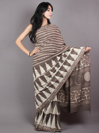 Beige White Dabu Cotton Hand Block Printed Saree - S03170369