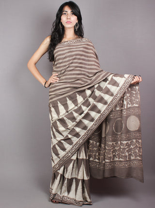 Beige White Dabu Cotton Hand Block Printed Saree - S03170369