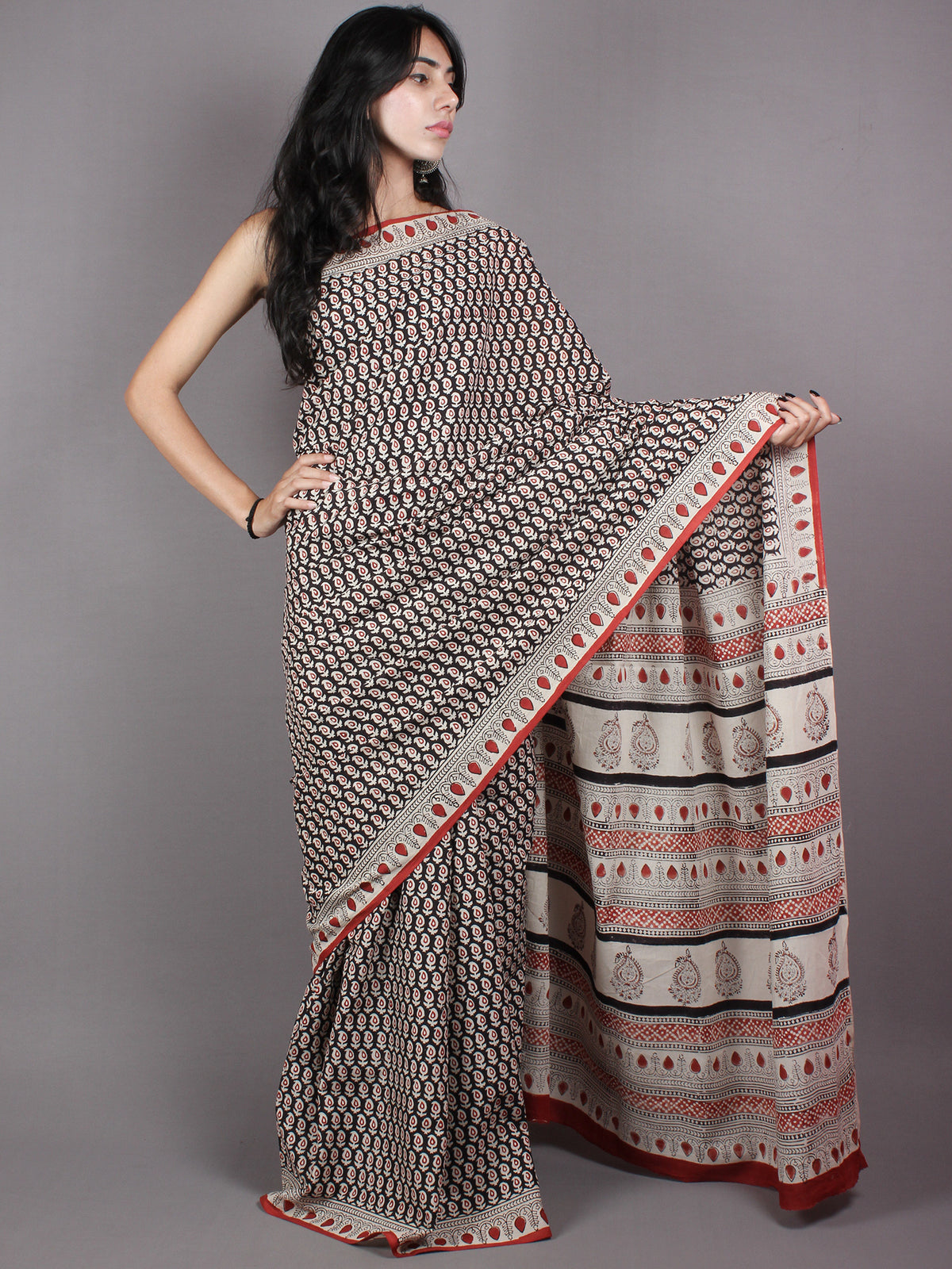 Beige Black Red Dabu Cotton Hand Block Printed Saree - S03170370