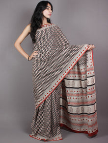 Beige Black Red Dabu Cotton Hand Block Printed Saree - S03170370