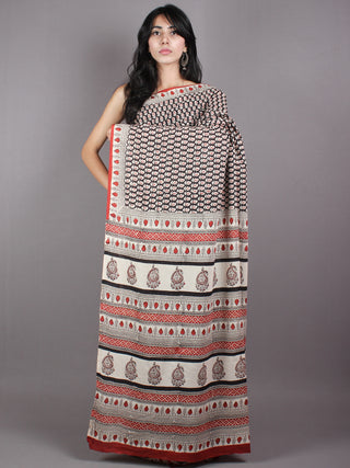 Beige Black Red Dabu Cotton Hand Block Printed Saree - S03170370