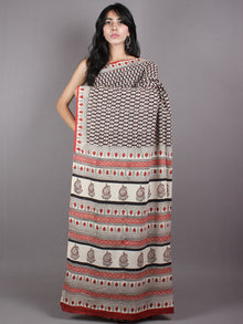Beige Black Red Dabu Cotton Hand Block Printed Saree - S03170370